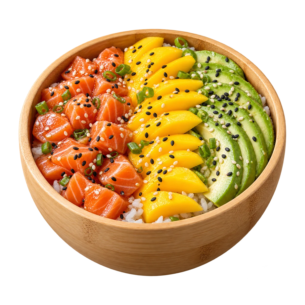 Un bol de poké saumon, mangue et avocat